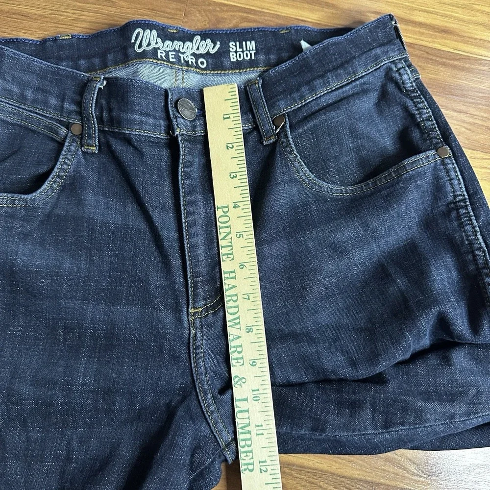 Wrangler Retro Jeans Mens 32x34 Dark Blue Denim Patch Slim Fit Bootcut 77MWZDX